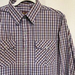 IZOD Men's Cream Blue Maroon Plaid Button-Down Cotton Shirt Sz M